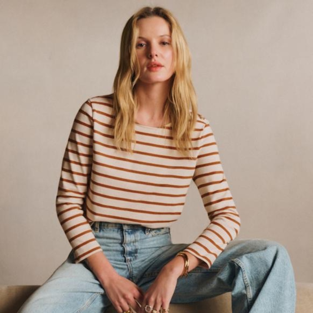 Sézane Cream and Brown Striped Long-Sleeve Tee